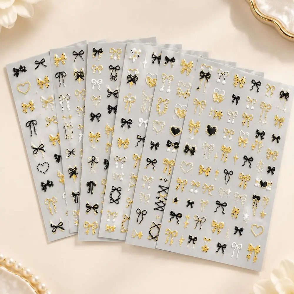 6Pcs Minimalist Fashion Nail Stickers Gold Black Bow And Star Element Nail Art Sliders For Beginner Manicure Nail Ornaments