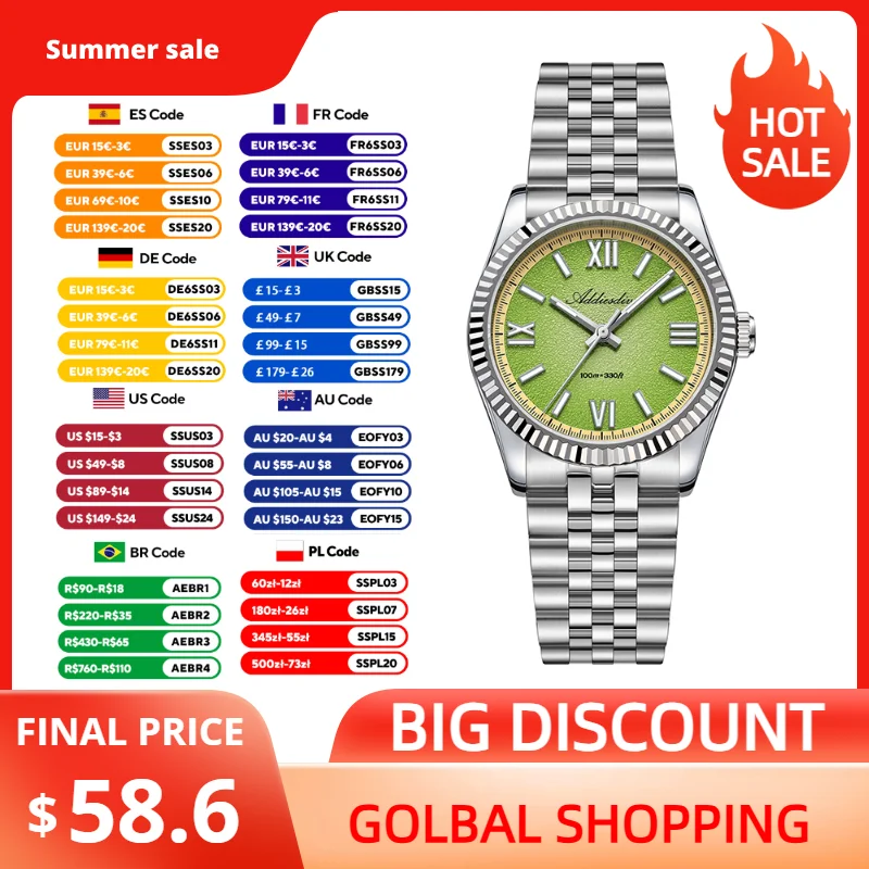 ADDIESDIVE Sapphire Glass Women's Watch Luxury BGW9 Super Luminous 10Bar Waterproof Dive VH31 Quartz Watches for Ladies AD2535