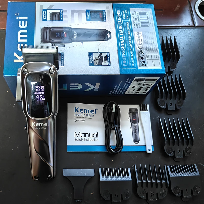 Kemei Hair Clipper for Men KM-1550 LCD Display Low Noise Cordless USB Interface Professional Hair Cutting Machine Hair Trimmer