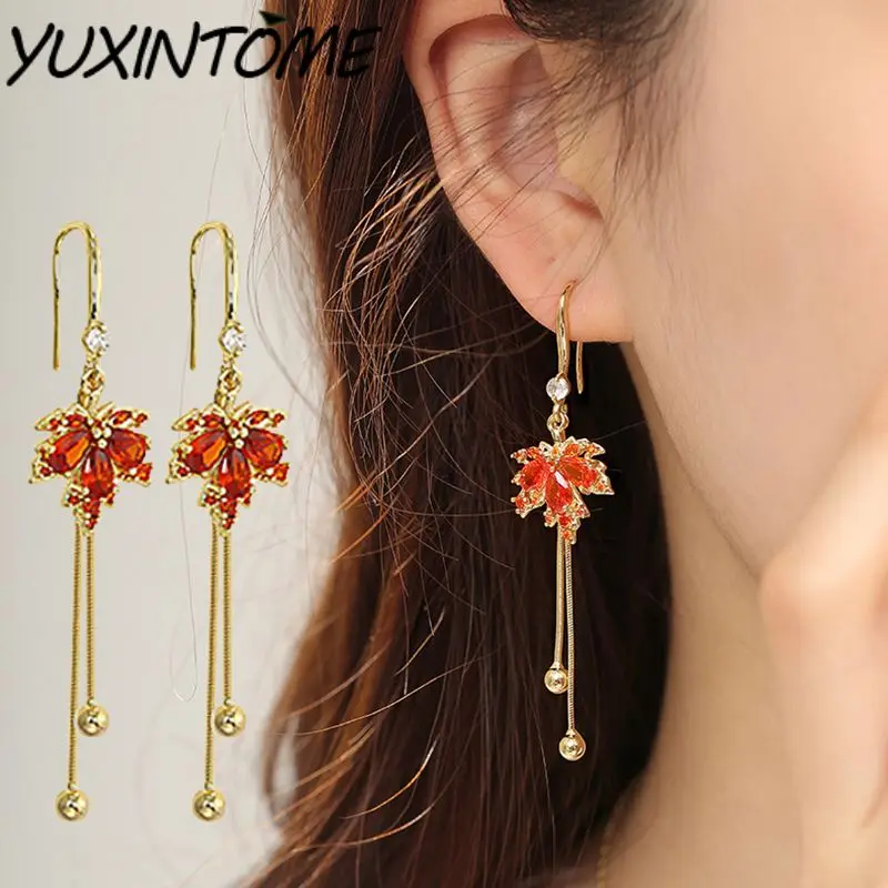 

925 Sterling Silver Ear Needle Fashion light luxury Maple Leaf Ball Tassel Earrings/Red Maple Leaf Stud Earrings Jewelry Gifts
