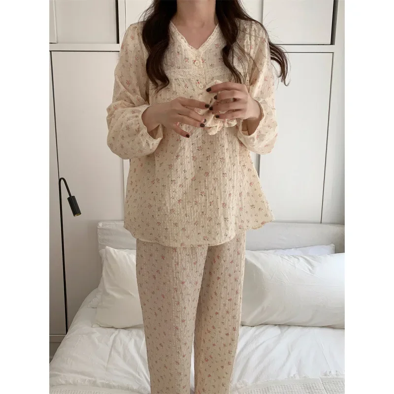 Women Summer Pajamas Set Female Sweet Long Sleeve Top Pants Countryside Style Floral Nightdress Home and Outdoor Sleepwear Set