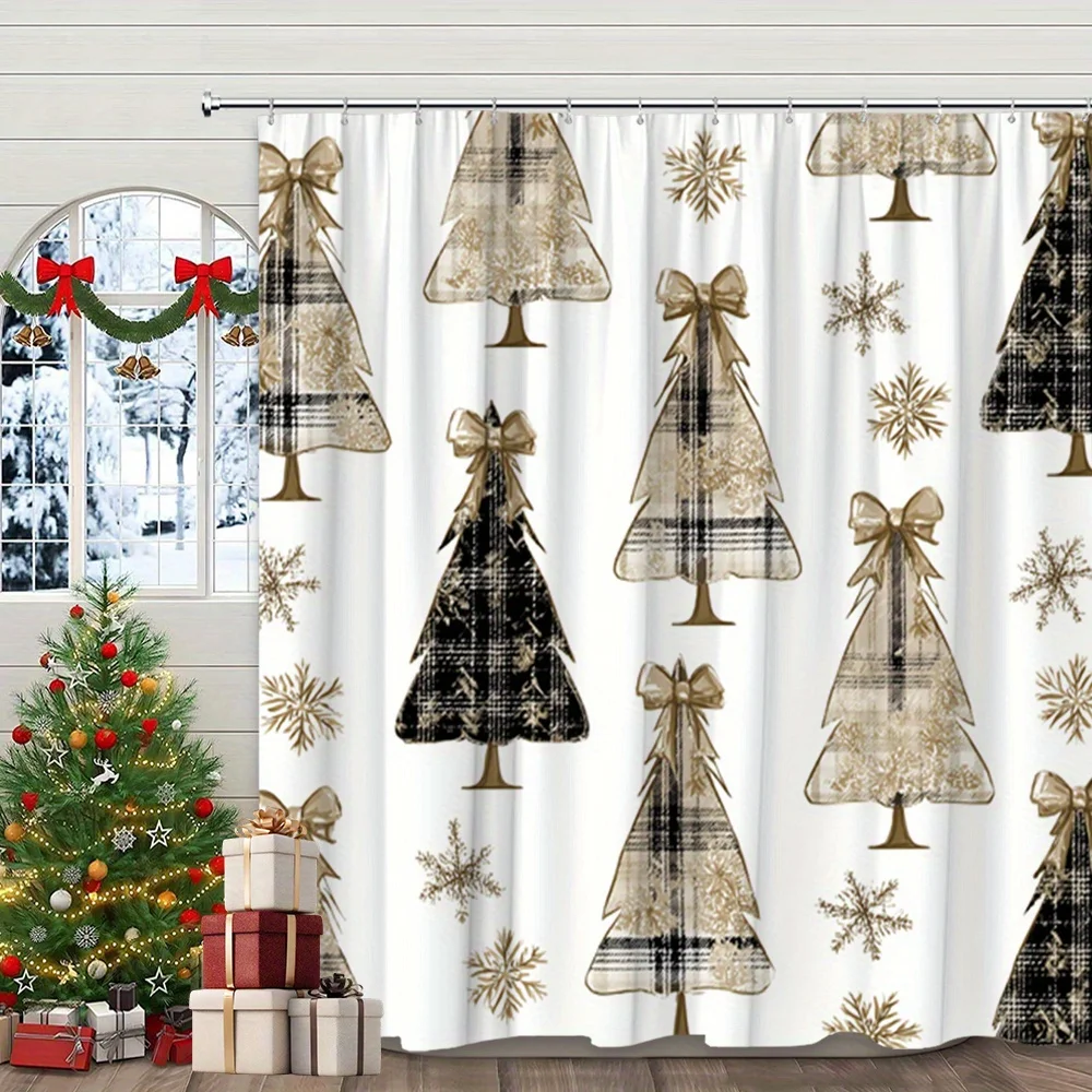 1pc Vintage Plaid Christmas Trees Shower Curtain with Golden Bows & Snowflakes - Rustic Black Beige Holiday Design, Durable Poly