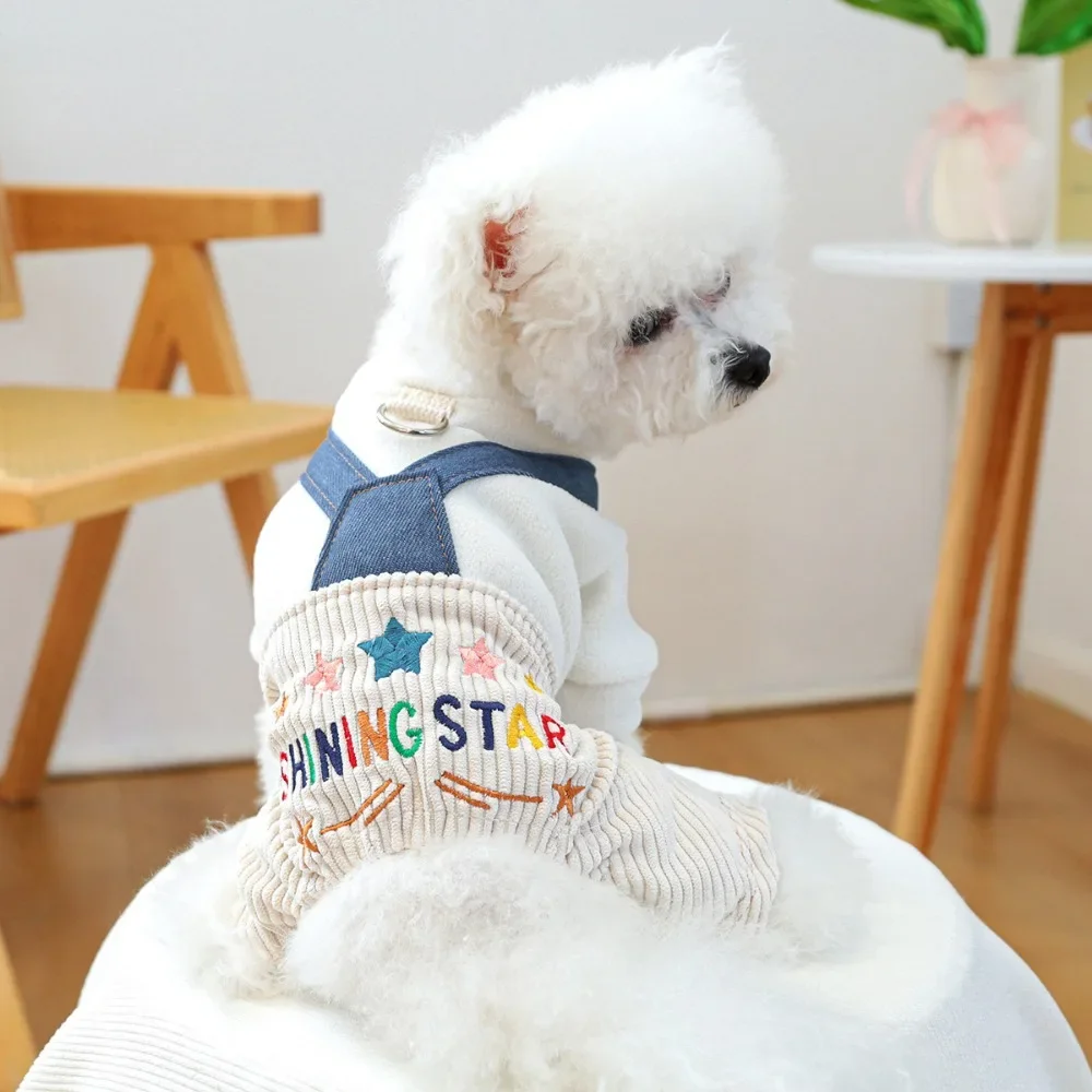 Pet White Overalls with Plush Coat Little Dog Cat Jumpsuit Four Legged Clothes Star Overalls Puppy Clothes Dogs Recovery Suit