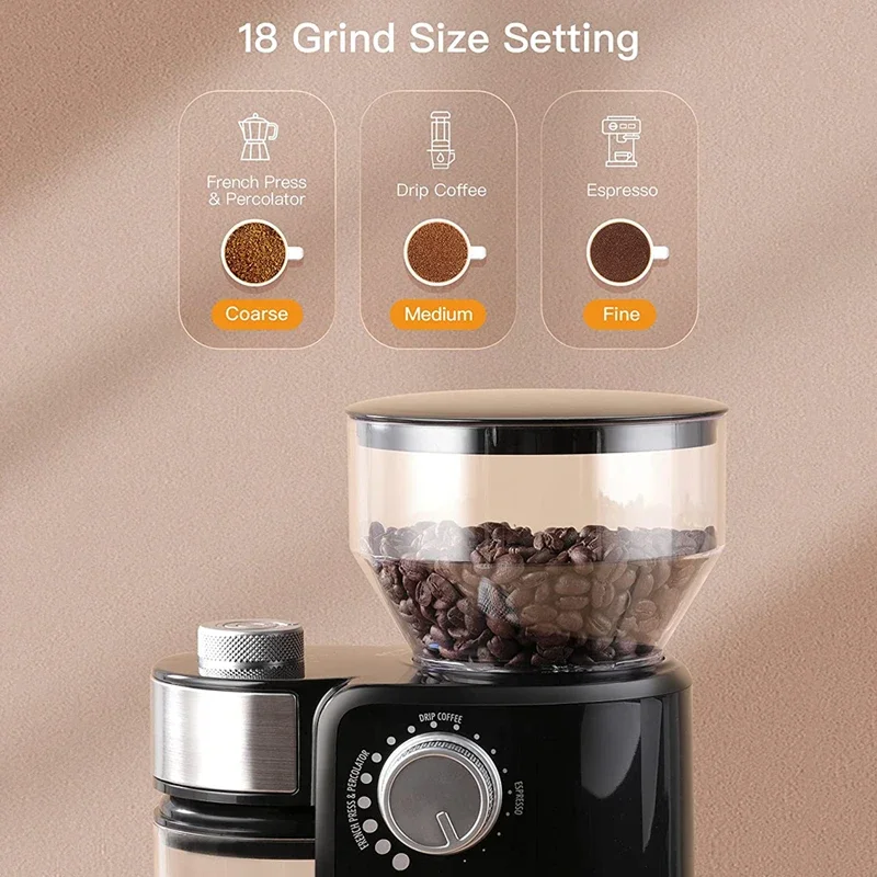 Electric Coffee Grinder 18 Level Adjustable Burr Mill Coffee Bean Grinder High Speed Espresso Coffee Grinding Machine for Office