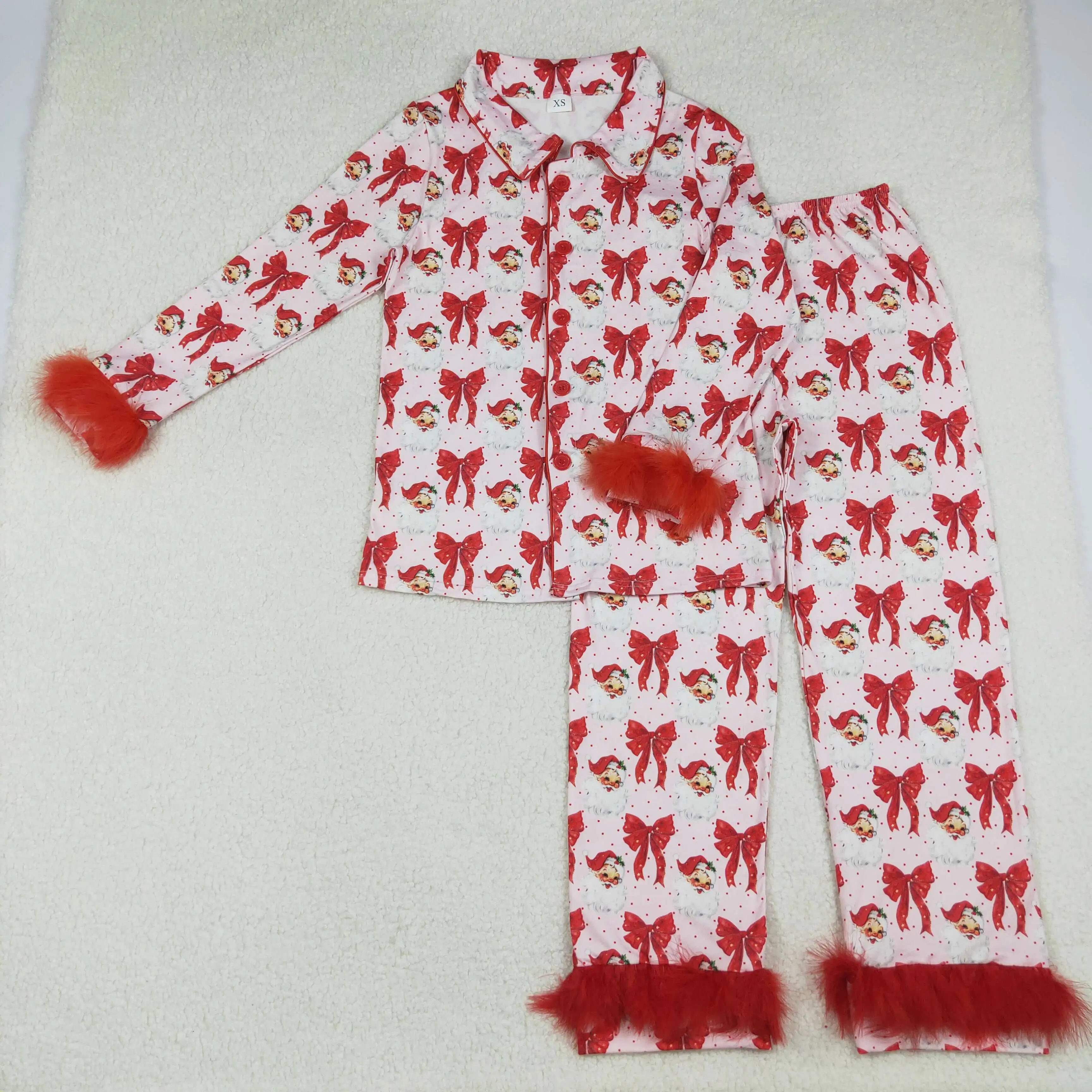 

Adult Women's Red Santa Claus Christmas Pajamas Set with Bows Button Top And Pants Fur Trimmed Comfortable Sleepwear