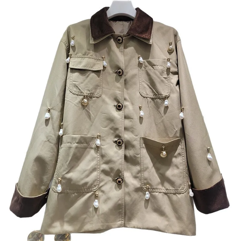 HKSH Herbst Neue Frauen Windjacke Einreiher Multi-tasche Perle Shell Anhänger Verziert Chic Mid-Länge Graben Mantel HK11352