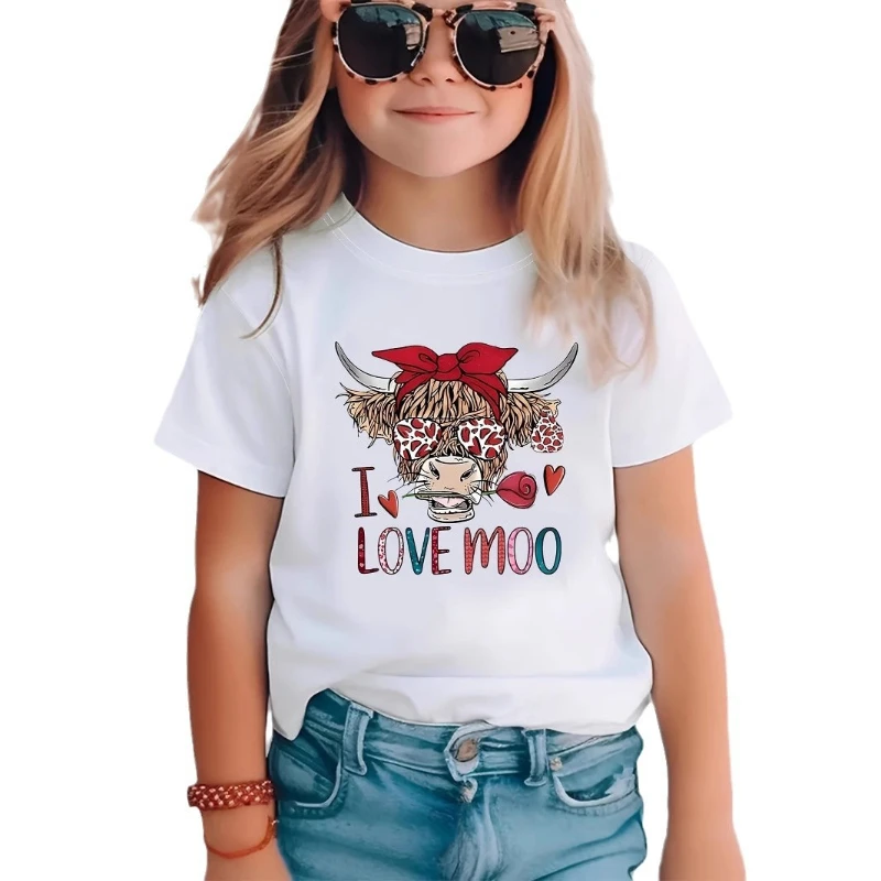 INS filles col rond T-shirt lunettes de dessin animé motif de vache à manches courtes robe d'été pour enfants vêtements pour enfants vêtements pour garçons