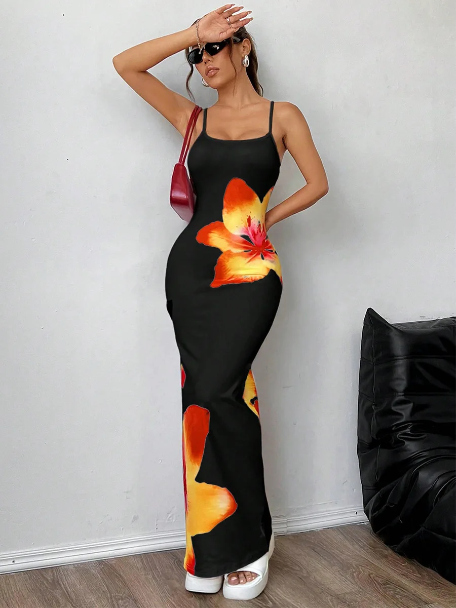 Femmes imprimé fleuri Spaghetti sangle sans manches moulante longue robe vacances d'été plage vacances soirée Sexy robes de soirée