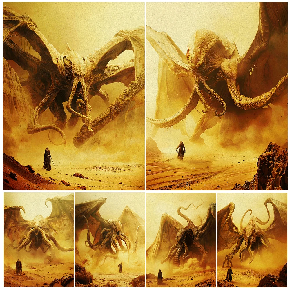 The Awakened Cthulhu God,Gothic Wall Art Canvas Painting, Great Old One Abstract Art Poster And Print, Home Decoration Unframed
