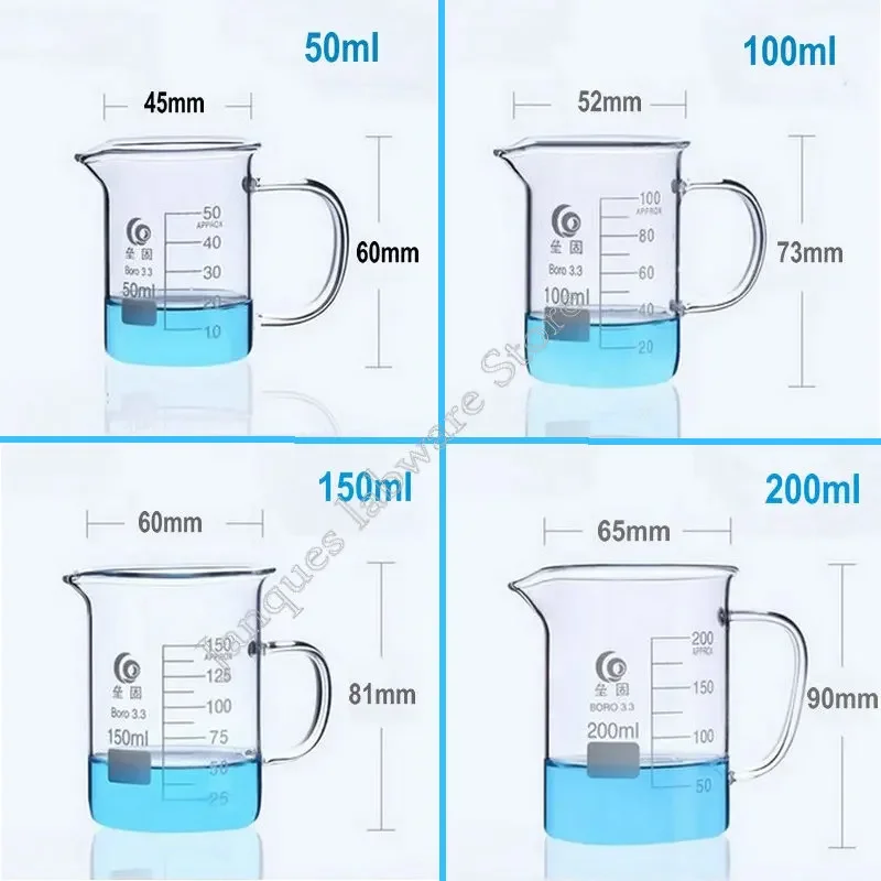 1 Stuk 50Ml Tot 2000Ml 3.3 Borosilicaatglas Beker Met Handvat Gegradueerd Glaswerk