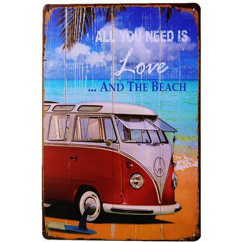 Peace Bus Beach Surfing Cartoon Wall Signs Vintage Art Metal Plate Decor Tin Sign Garage Bar Wall Plaques Decor Tinplate Poster