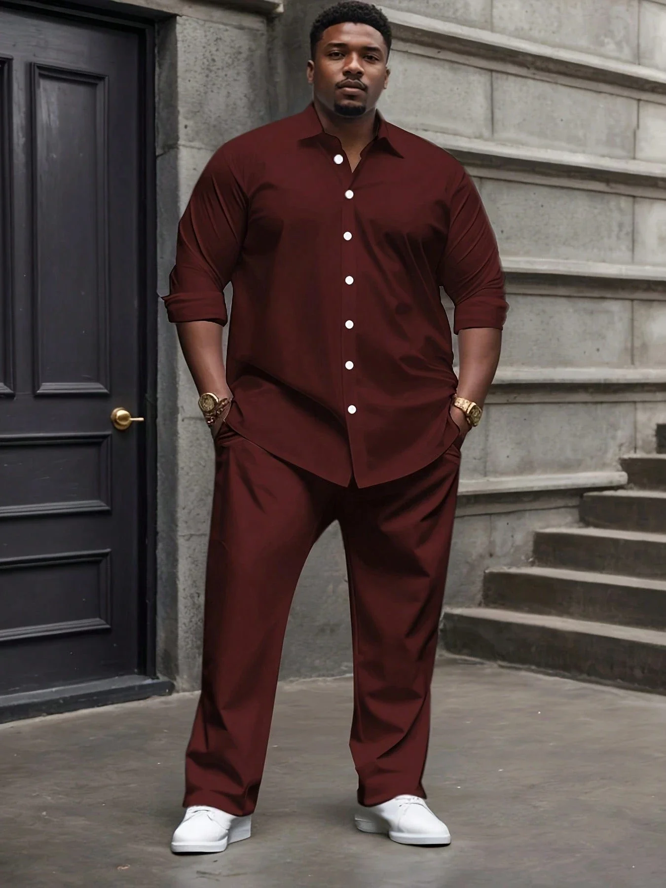 

Men's Plus Size Casual Two Piece Set Solid Color Polyester Button Up Shirt And Pants