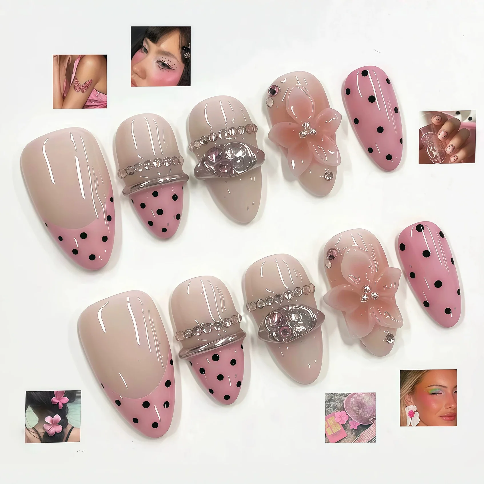 24Pcs Pink Polka Dot French Press on Nails with 3D Flower Almond Full Cover False Nails Gilded Silver Diamond Fake Wearable Nail