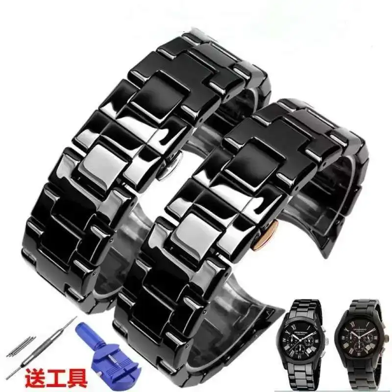 

Superior Original Curved End Ceramic Watchband 22Mm Shiny Smooth Black Bracelet Fit For Armani AR1400 AR1410 Watch Stock