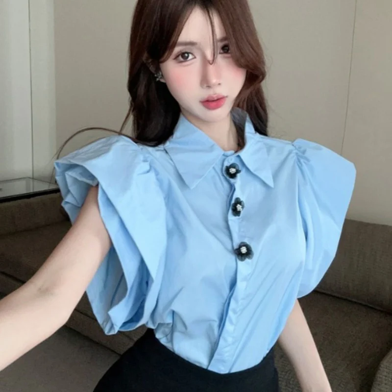 Popular Retro Unique Bubble Sleeves Small Shirt for Women\'s Summer New French Beautiful Sweet Casual Chic High Street Trendy Top