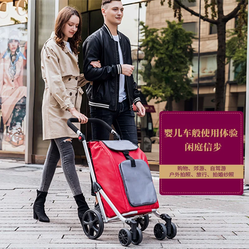 Folding four-wheel shopping cart photography trolley elderly hand-pulled cart household trolley elderly tr