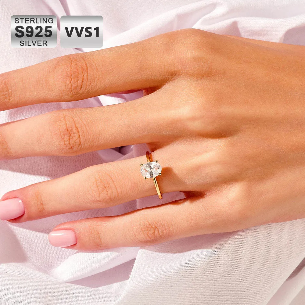 ICEBLING New 0.5-3CT Oval Moissanite Ring for Women Simple 18k Gold Plated S925 pure Silver Egg-shaped Ring Wedding Jewelry