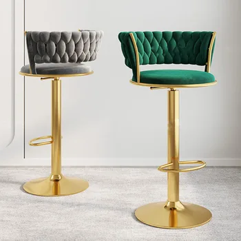 Taburete de Bar de diseño de alta calidad, silla nórdica giratoria de terciopelo copetudo moderno, Taburete Alto cómodo de Metal dorado, muebles para el hogar