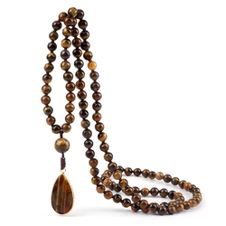 Vintage Men 108 Mala Beads Necklaces 6mm Natural Tiger Eye Stone Onyx Beads Prayer Necklace Drop Pendant Women Yoga Jewelry Gift
