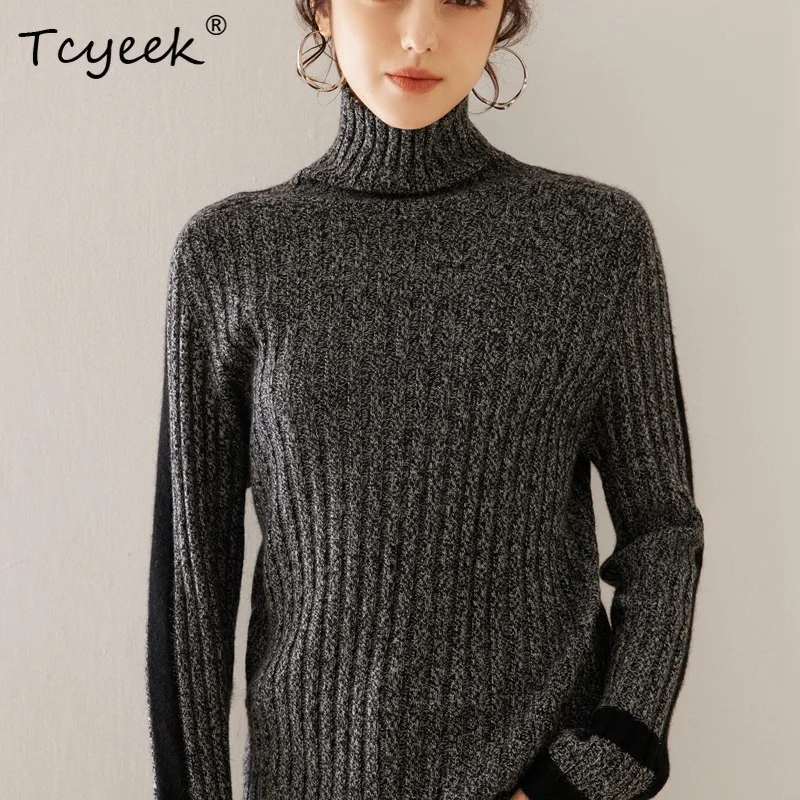 

Tcyeek, 7G Cashmere Wool Thick Sweaters, Women Turtleneck Color Block, Soft Casual Loose Pullover, Autumn Winter Top T48631QM