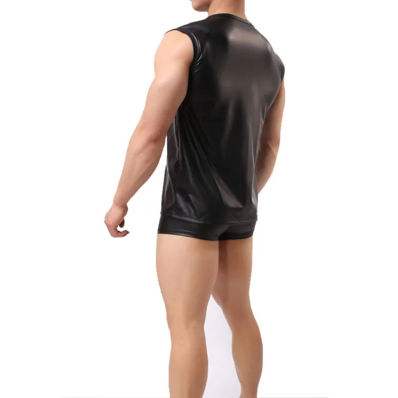 New Men's Soft PU Leather O-Neck Tank Top Sleeveless Faux Leather Vest Sexy Shirts for Wear