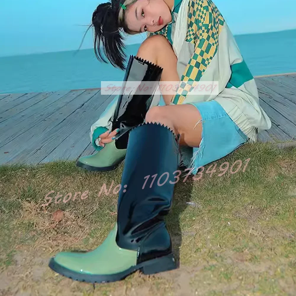 

Лоскутные облегающие сапоги до середины икры, женская модная обувь с круглым носком на низком массивном каблуке, женские лакированные кожаные сапоги в стиле ретро