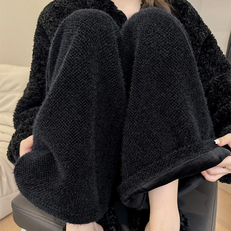 Drawstring High Waist Plush Pants For Women Winter Fleece Straight Wide Leg Casual Pants Woman Loose Thicken Warm Trousers Mujer