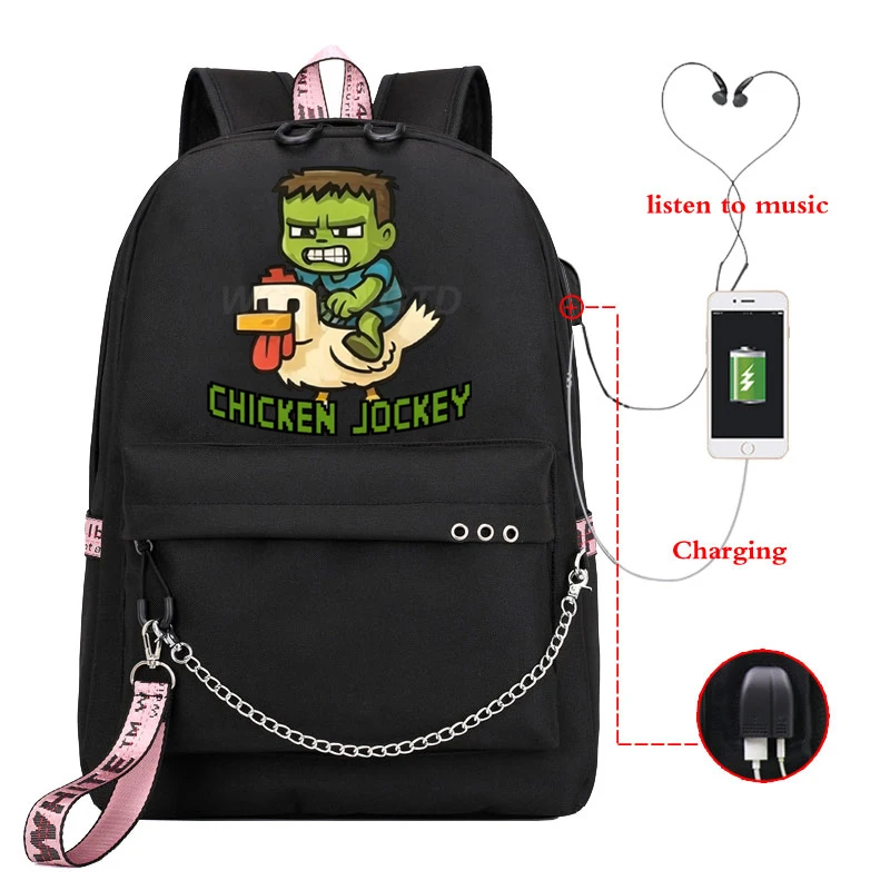 

Chicken Jockey Backpack Students Casual Schoolbag Fashion Usb Ports Travel Backpack Chicken Jockey Video Game School Bag Mochila