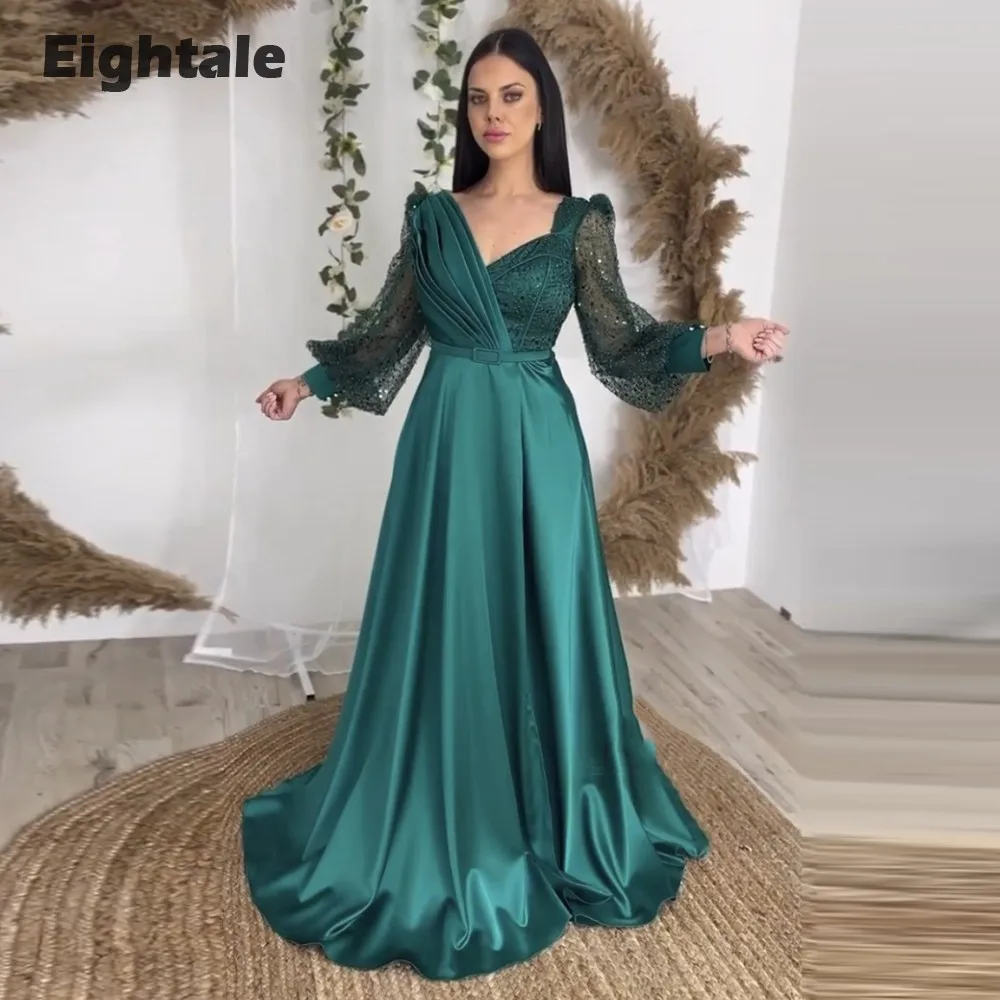 Eightale Emerald Green Evening Dress Glitter Sparkly Long Sleeves Customized Prom Party Gowns for Graduation abendkleid damen