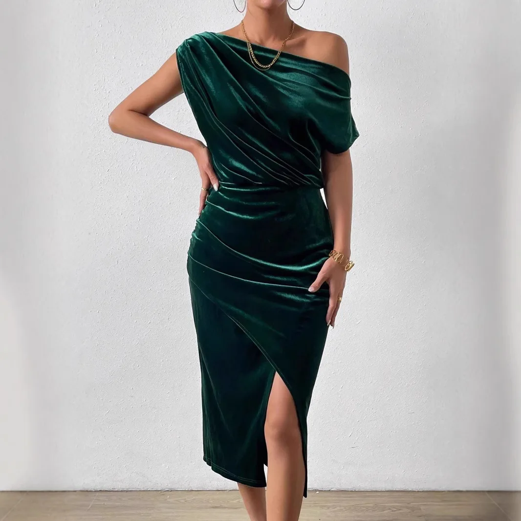 Abito Midi Estivo da Donna 2026 con Spalle Scoperte - Elegante Vestito Monocolore per Feste, Club e Uso Quotidiano/Casual