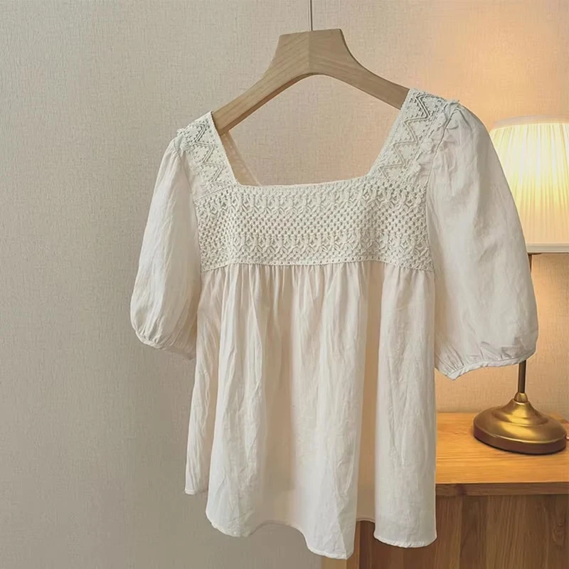 New Summer French Chic Fashion Solid Women's Tops Cream Apricot Sweet Square Neck Blouse Loose Fit Babydoll Top