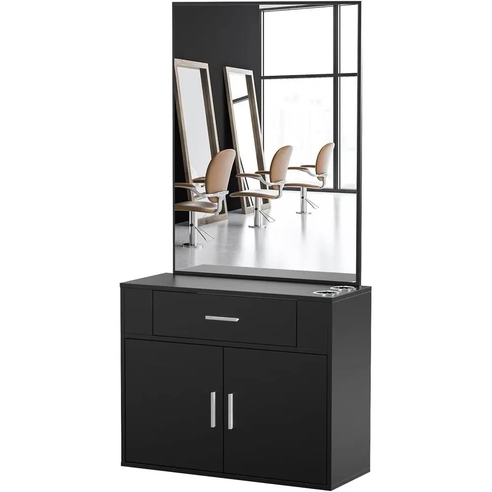 Wall Mount Sn Station with Mirror, Hair Styling Barber Station, Beauty Sn Spa Equipment with 1 Der, 1 Storage Cabinet, 2 Hair Dr