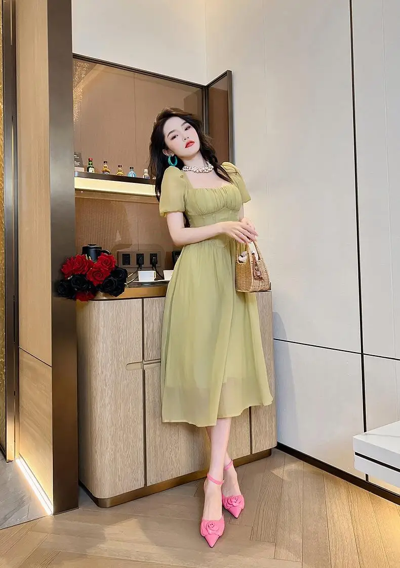 Summer new style lady temperament waist slim long skirt forest sweet puff sleeve dress