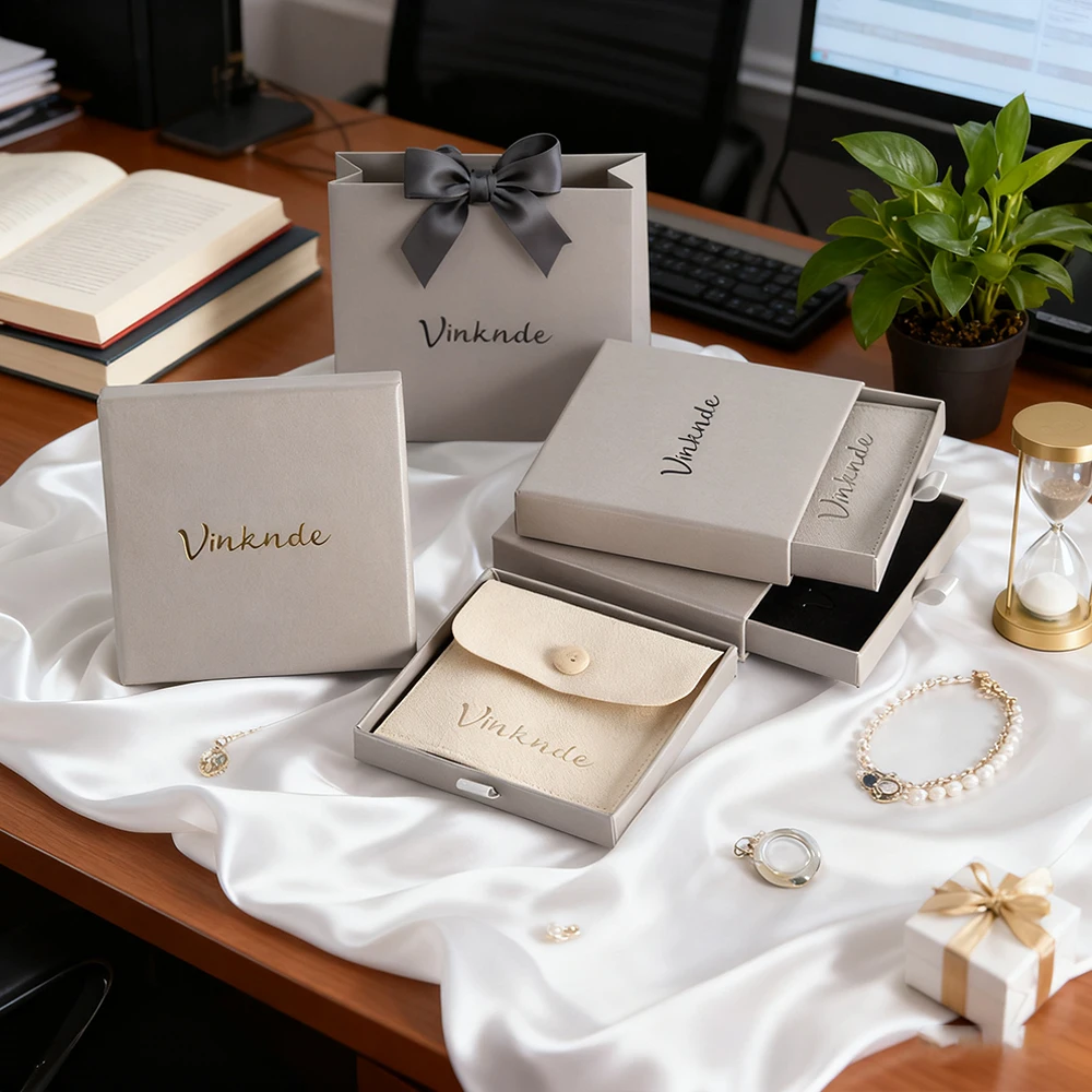 

24Pack Grey Jewelry Packaging Box Custom 10x10x2cm Drawer Paper Jewellry Box with 9x9cm Microfiber Snap Bag For Earrings Ring