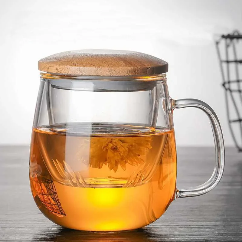 Glass Tea Cup with Wooden Lid for Separating Tea and Brewing Thick Heat-resistant High Borosilicate Glass