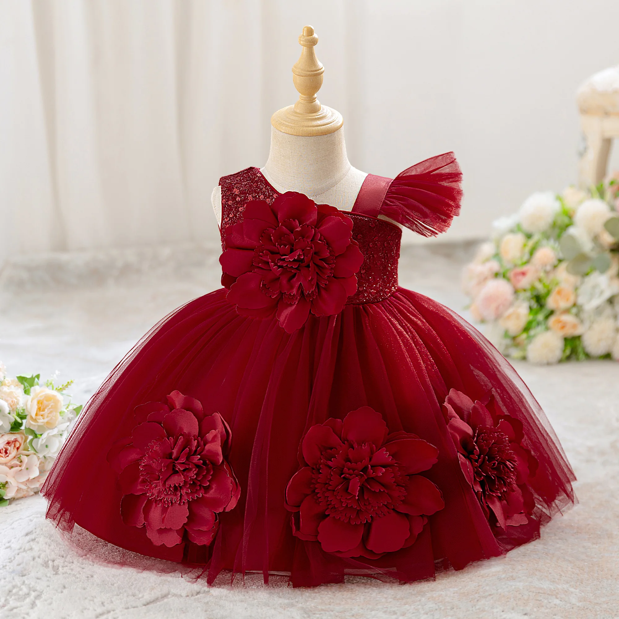 Toddler Flower Bow Party Baby Girls Dress Sequins Wedding Bridesmaids Dress for Girl Elegant 1st Birthday Evening Prom Costumes