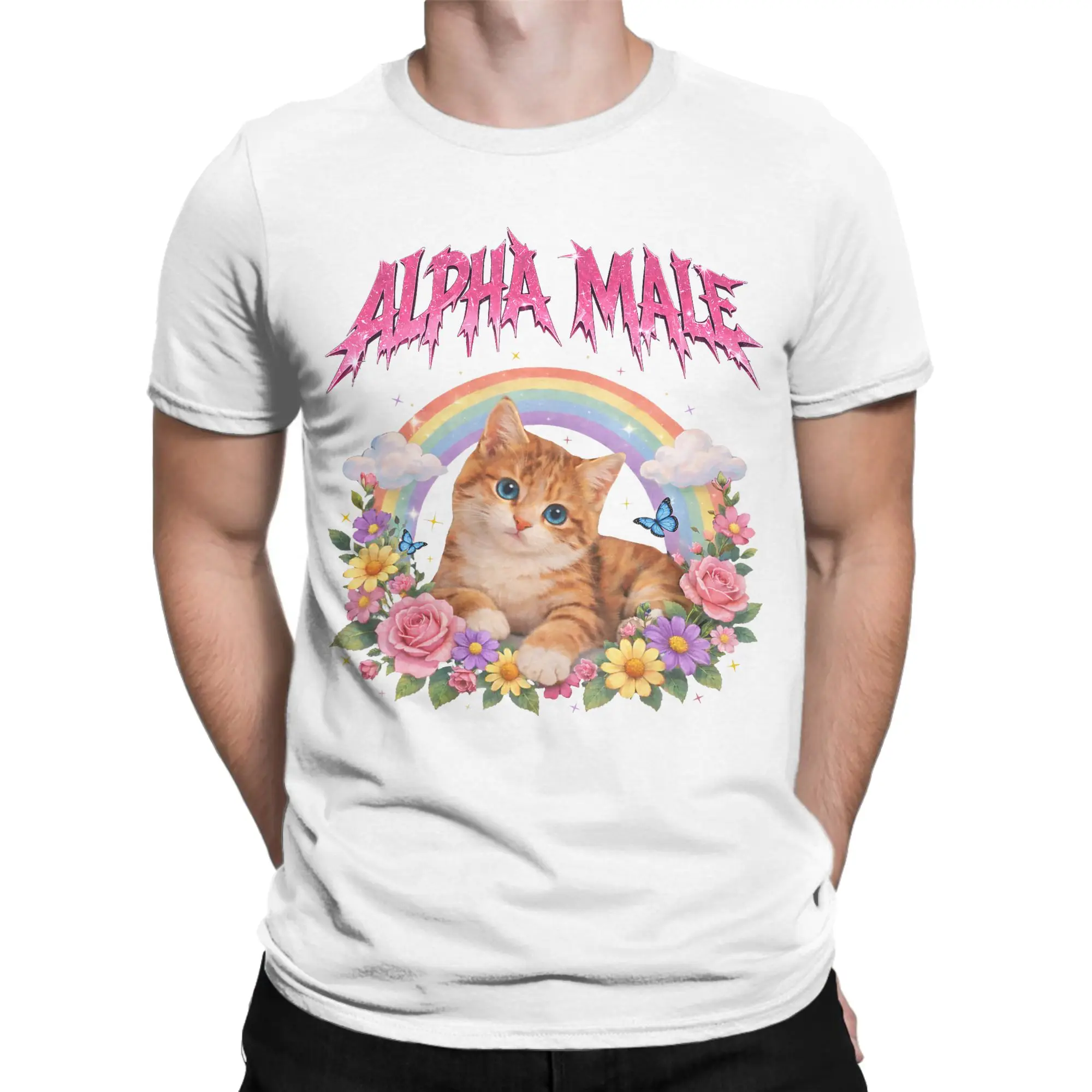 Men's T-Shirt Alpha-Male Cat Funny Kitten Awesome Cotton Tee Short Sleeve Rainbow Floral T Shirt Crew Neck Clothing Plus Size