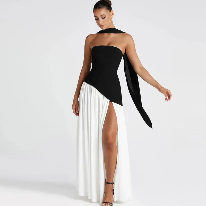 Women Long Dress Elegant Strapless Scarf Neck Pleat Dress Sexy Slim Backless Summer Waist Pleated Slit Party Ribbon Corset Dress