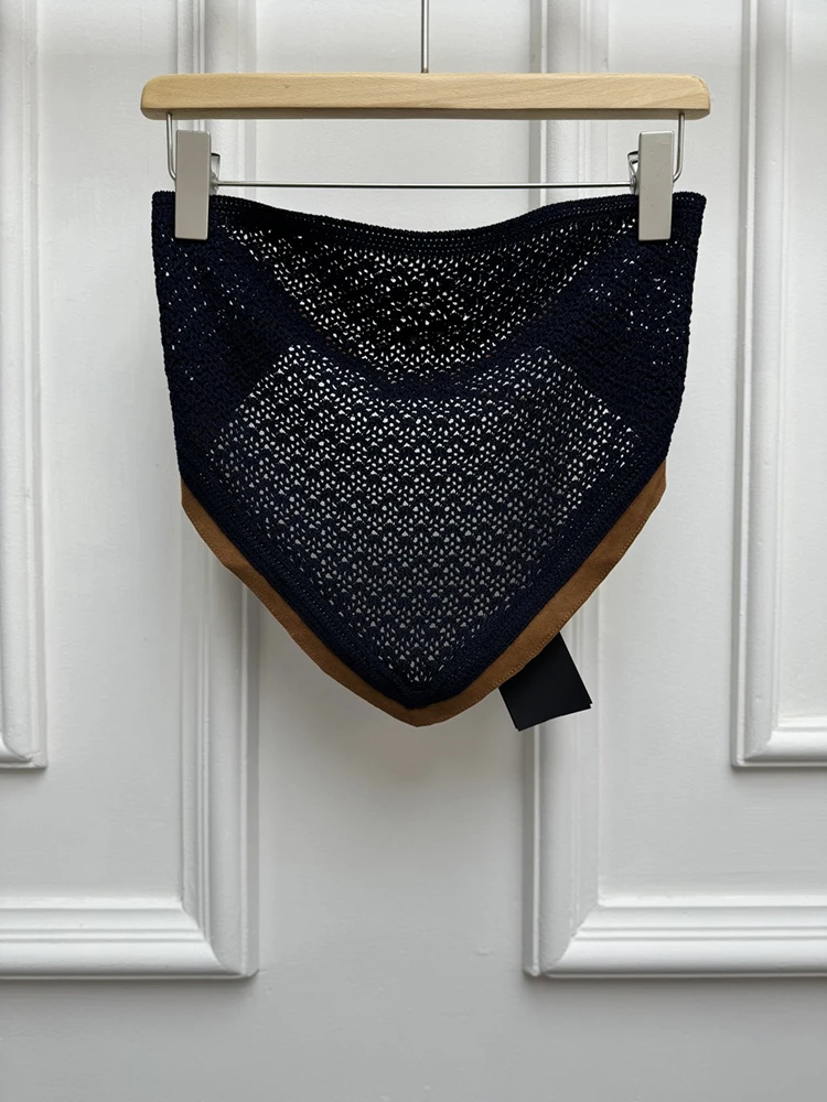 Summer Fashion Dark Blue Hollow Out Knitting Strapless Top Women's Sexy Strapless Chamois Leather Patchwork Buckle Strap Top