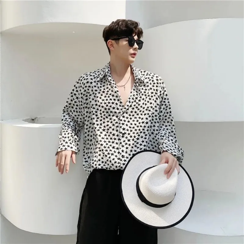 Ins New Internet Celebrity Douyin Handsome Handsome Drape Hairstylist Shirt Spring and Autumn Fashionable Star Pattern Shirt Men