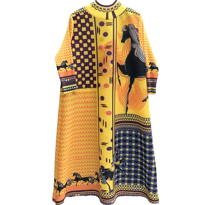Dress printed pleated clothes for autumn 2023 fashion Slight Strech Loose Fit Long one-piece dress gown