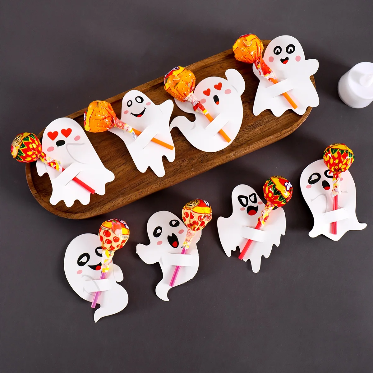 48 Stück Geister-Lutscher-Halter Happy Halloween Lutscher-Dekoration, Papierkarte, Süßes oder Saures, Süßigkeiten-Pack für Kinder, Halloween-Party