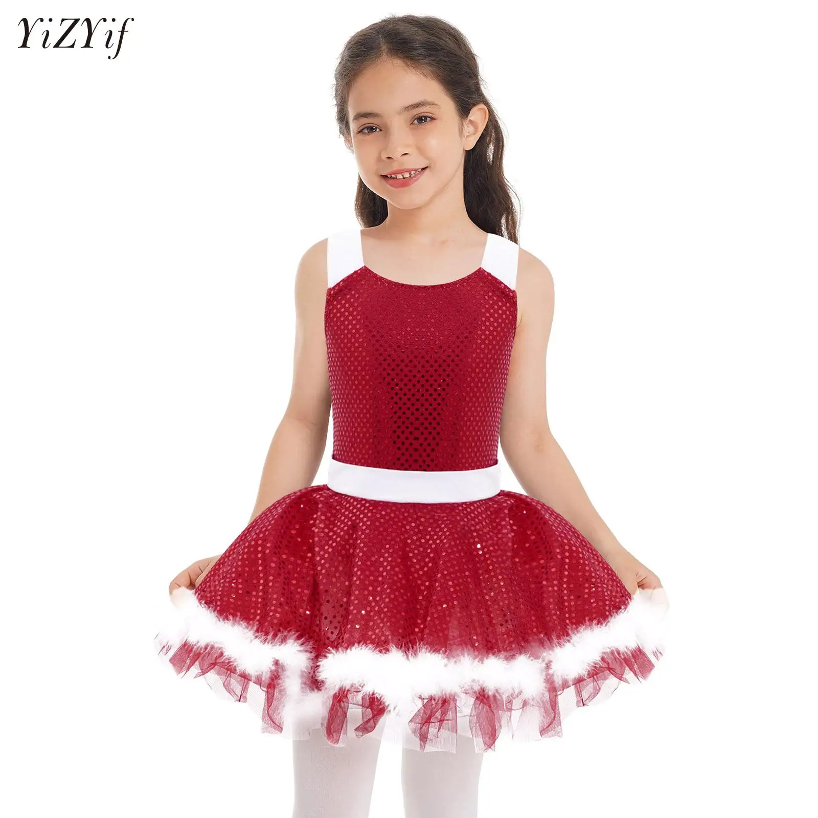 

Girls Christmas Elf Dress-up Party Costumes Ballet Tutu Dance Dress Sequins Faux Fur Gymnastics Leotard Figure Skating Dancewear