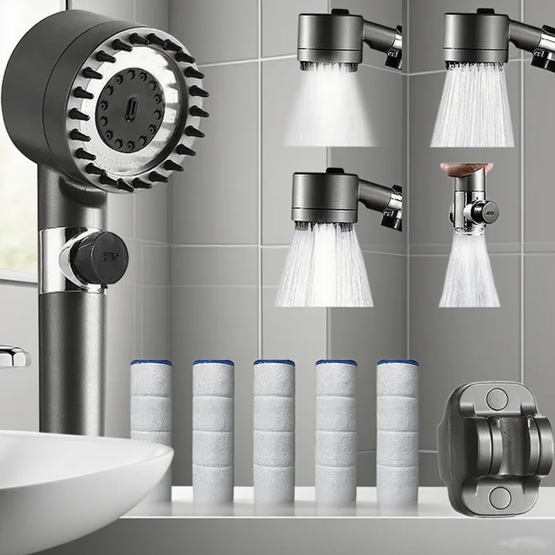 High-pressure Massage Shower Head 4 Modes Rain Shower Head One-touch Stop With Filter Cartridge Bathroom Accessories ( 2colours)