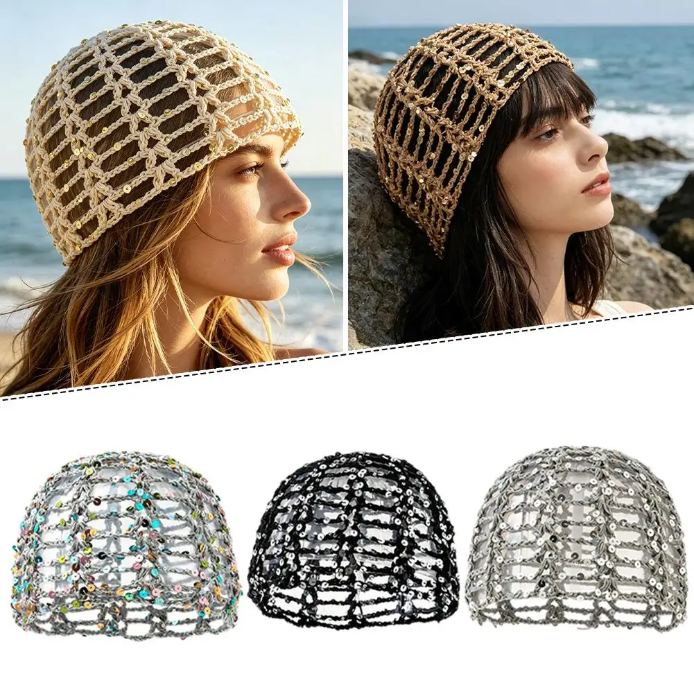 Boho Sequin Crochet Cap Y2K Casual Hollow Out Crochet Hat For Summer Beach Solid Color Women's Shimmer Fishnet Headscarf Beanie