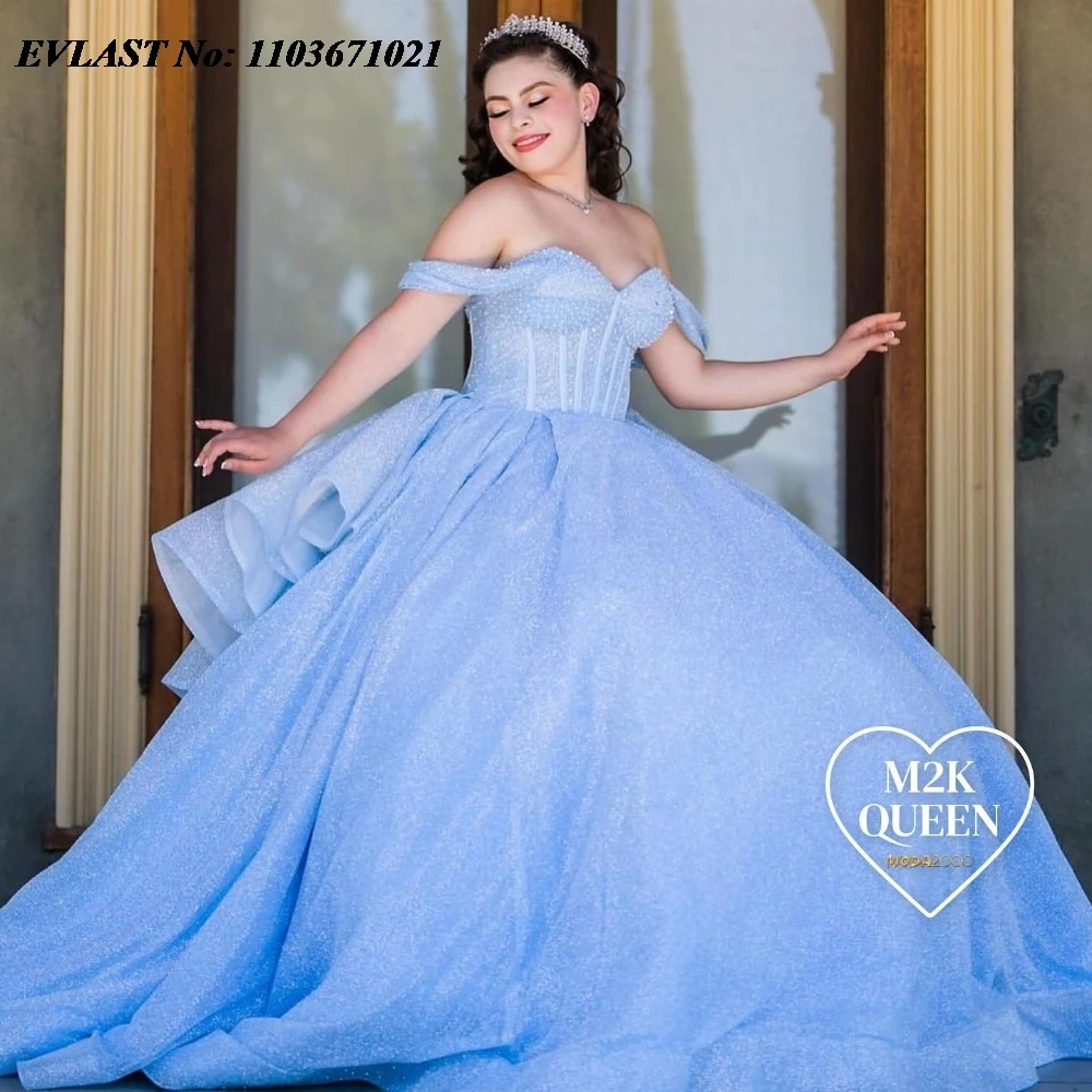 Evlast Mexican Blue Quinnceanera Jurk Baljurk Pailletten Kralen Kristal Gelaagde Korset Sweet 16 Vestidos De 15 Anos Sq450