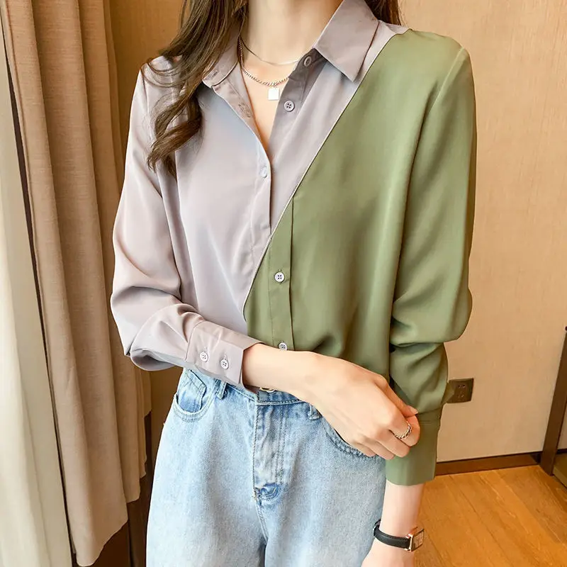 Fashion Contrast Color Fake Two Pieces Personality Blouse Women New Office Polo Collar Long Sleeve Chiffon Lady Shirt 2023