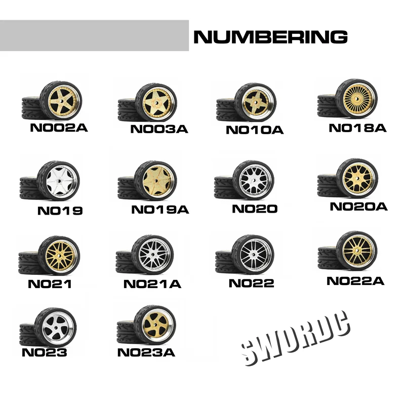 Carlomo N-Class Part1 1/64 Metal Wheels Rubber Tires for 1:64 Model Car Detail-up Accessories 11mm Rims for Hot Wheels 4pcs/set