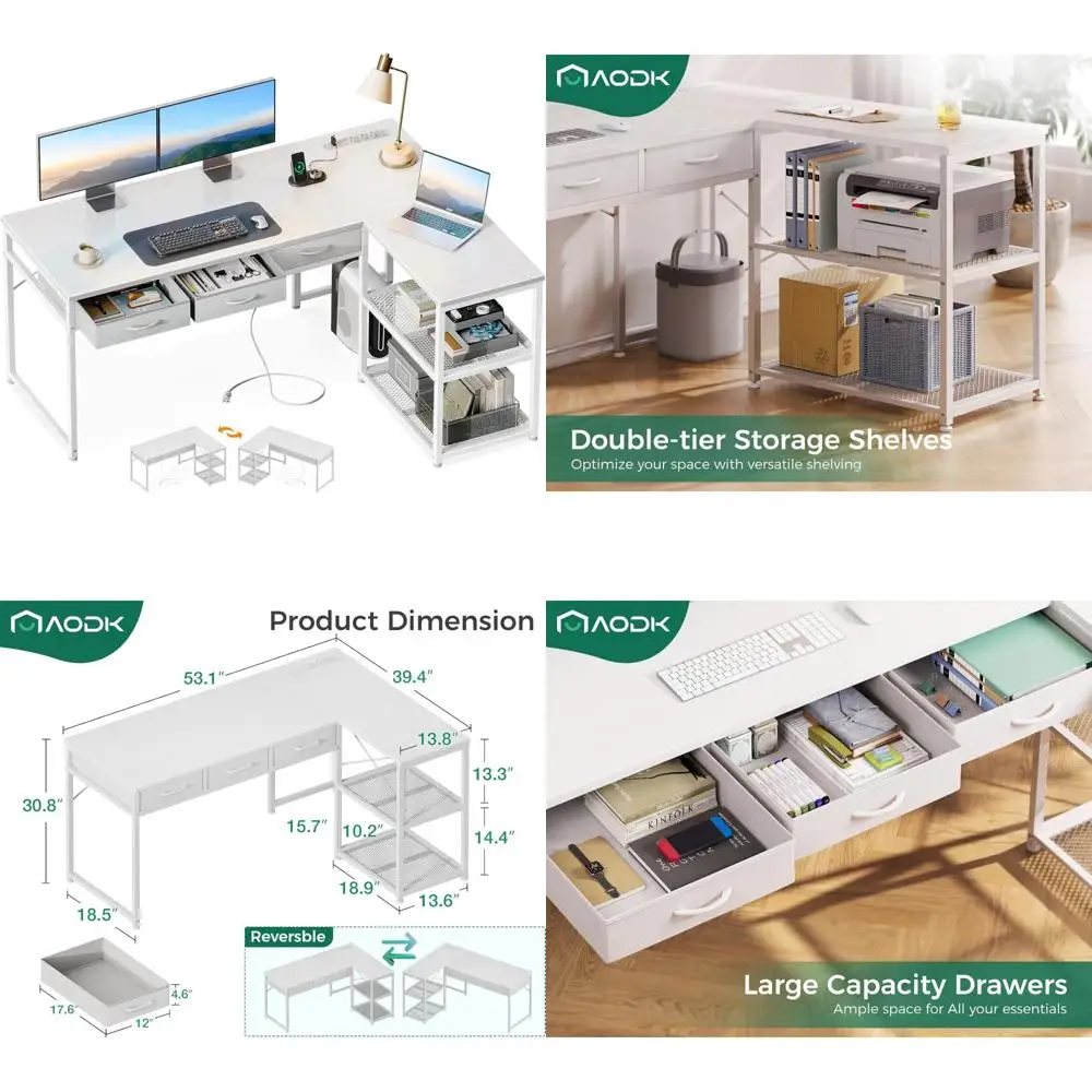 مكتب على شكل حرف L مقاس 53 بوصة مع مساحة تخزين ومنافذ طاقة وحامل وحدة المعالجة المركزية القابل للتعديل #1