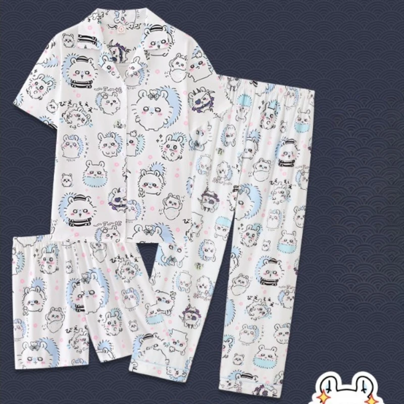 Chiikawa Momonga Kawaii Anime Cartoon Pajamas Summer Couple Lounge Clothes Three Piece Set Cute Good Looks Fashion Exquisite